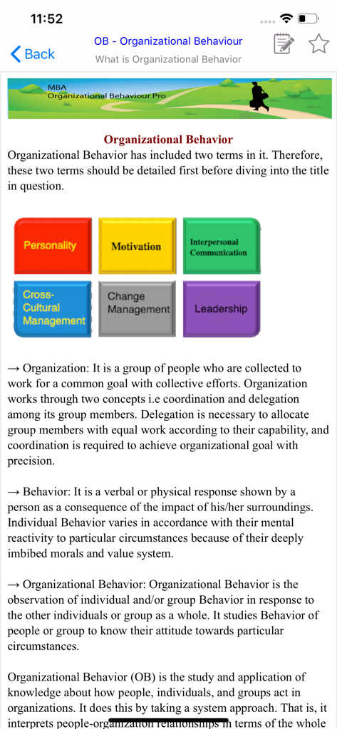 MBA Organizational Behavior - MBA Organizational Behavior app interface showing management topics and definitions