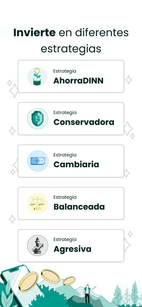 DINN: Invierte fácil - Captura de pantalla de la app DINN que muestra diferentes estrategias de inversión, incluyendo AhorraDINN, Conservadora, Cambiaria, Balanceada y Agresiva.