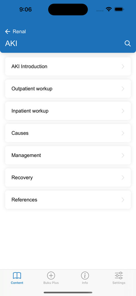 Buku Medicine - Buku Medicine app interface showing the Acute Kidney Injury clinical management menu