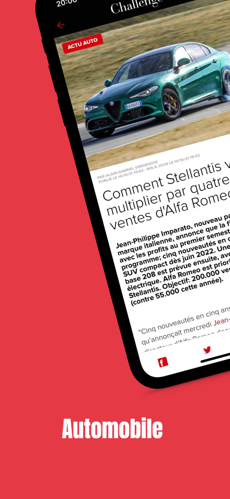 Challenges - Challenges app interface showing a news article about the automobile industry and Alfa Romeo