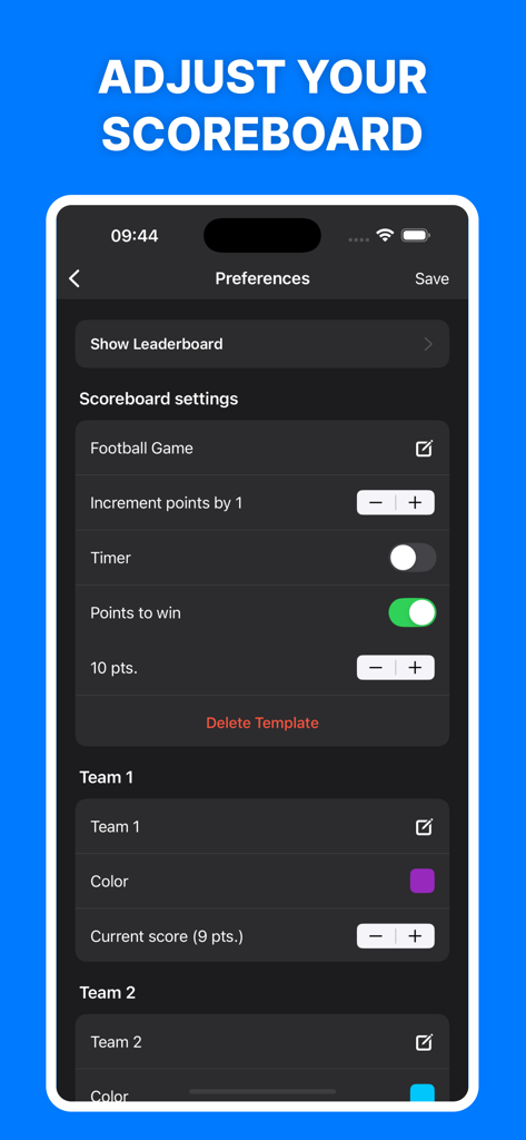 Settings screen for customizing game points team colors and timer in Scoreboard app