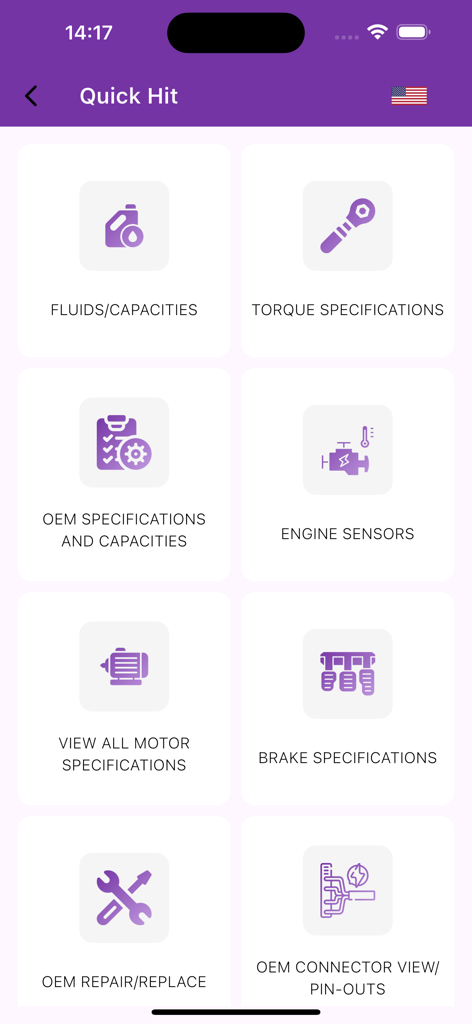 DOCFIX - Auto Repair Guide - DOCFIX Auto-Reparaturleitfaden-App-Oberfläche, die Kategorien für Flüssigkeiten, Drehmomentspezifikationen und Motorsensoren anzeigt