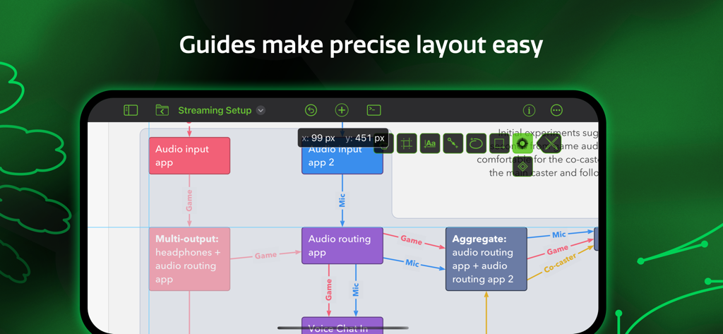 OmniGraffle 3 mobile app interface showing a complex diagram with smart guides for precise object placement