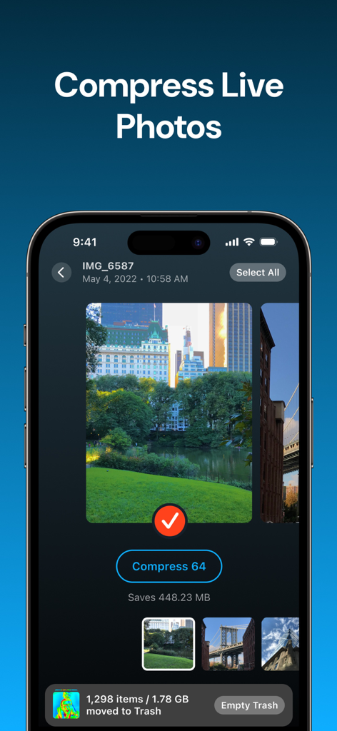 Clever Cleaner: AI CleanUp App - La interfaz de la aplicación Clever Cleaner muestra cómo comprimir fotos en vivo y ahorrar espacio de almacenamiento en un iPhone