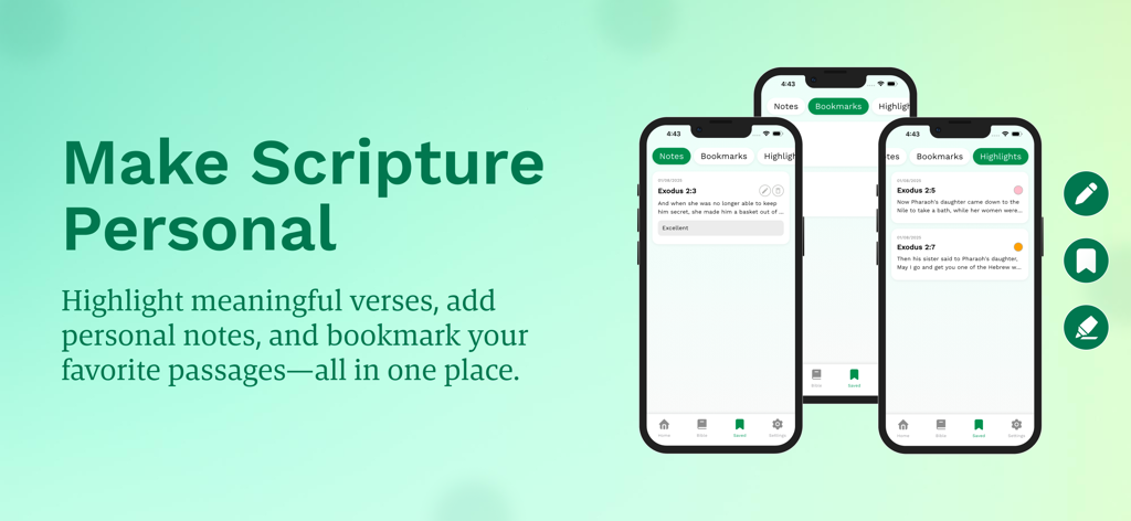 Bible - In the Name of Jesus - iPhone screens showing the Bible app personalization features including personal notes bookmarks and highlighted scripture verses