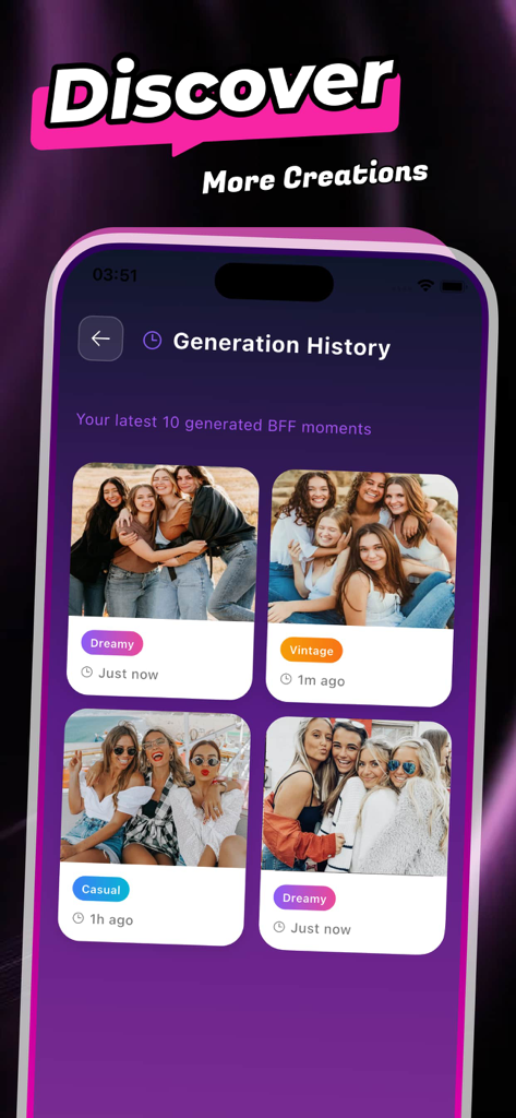 Umee - Connect & Fun - Umee app interface showing a history of AI generated photos of friends.