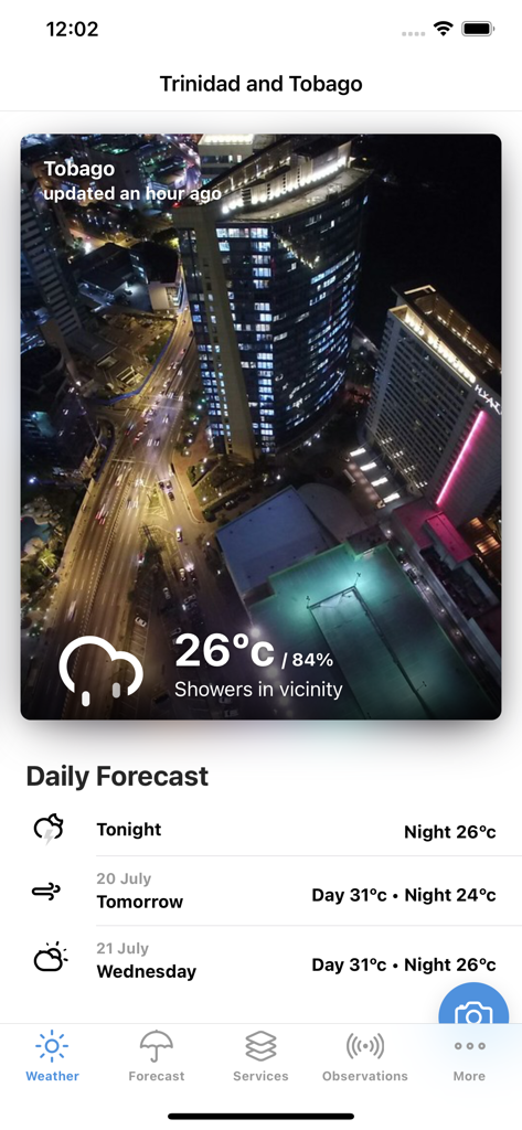 TT Met Office - The TT Met Office app interface showing the current weather for Tobago and the daily forecast.