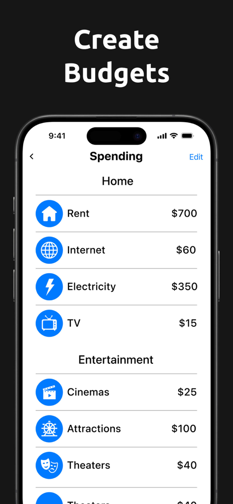 Bildschirm zur Budgetverfolgung der App, der Ausgabenkategorien für Zuhause und Unterhaltung anzeigt