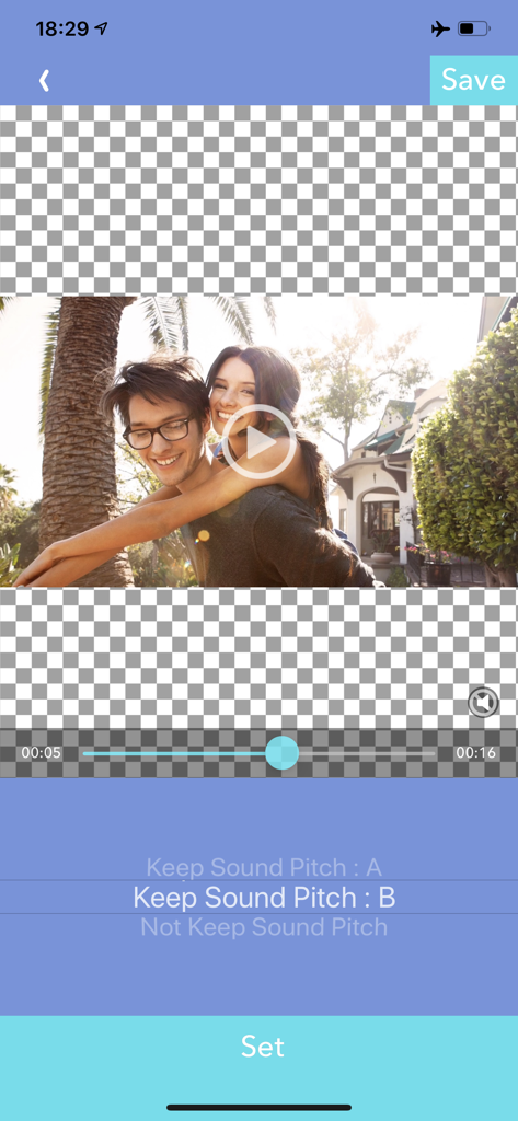 Video Speed Editor - VBooster - VBooster app interface for adjusting video sound pitch settings during speed editing