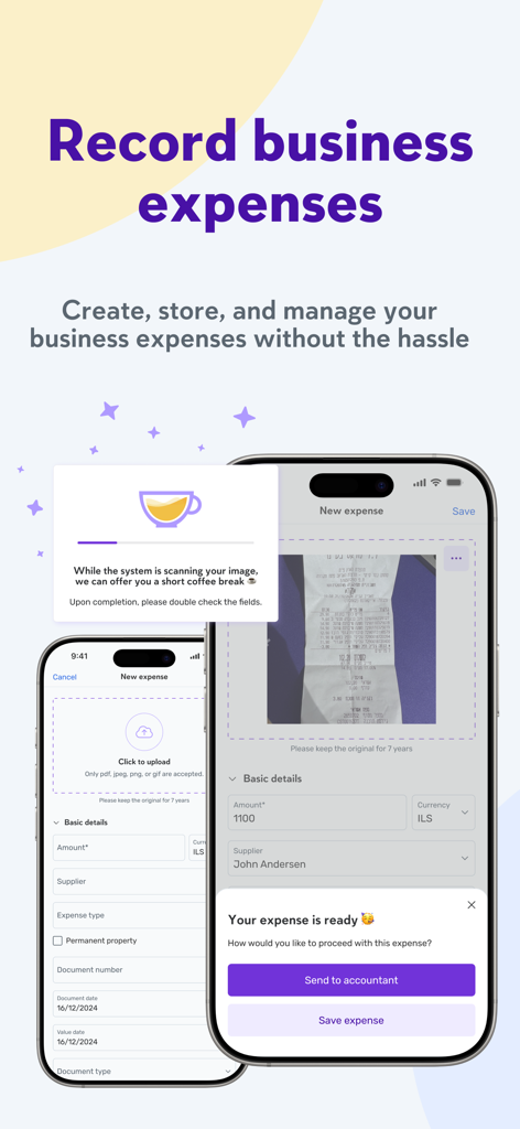 iCount - Business Management - iCount mobile app screen for recording and managing business expenses by scanning receipts