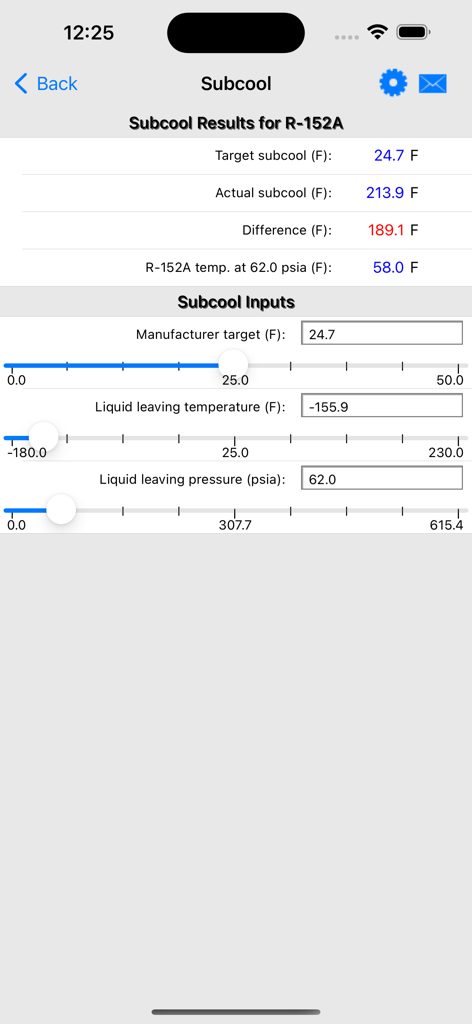 HVAC RefCharge - Subcool calculation interface showing results and input sliders for R-152A refrigerant in the HVAC RefCharge app.