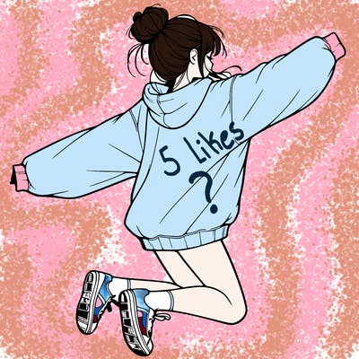 realistic girl jumping with a bun and oversized sweatshirt
