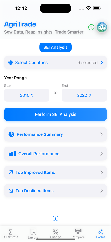AgriTrade - AgriTrade app interface showing the SEI Analysis tool for tracking agricultural trade data trends