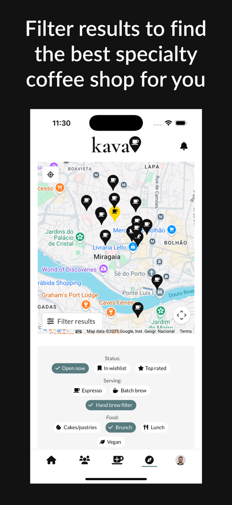 Interface of the Kava app showing a map with specialty coffee shop locations and various search filters for coffee and food