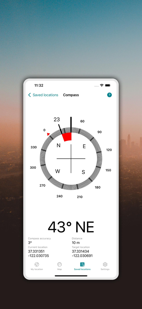 Digital compass interface in the navigation app showing heading and distance to a saved location