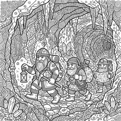 Dive into a subterranean world with these intrepid dwarf explorers, depicted in a mesmerizing Zentangle style. This intricate coloring page offers a unique blend of adventure and mindful creativity for enthusiasts of all ages.