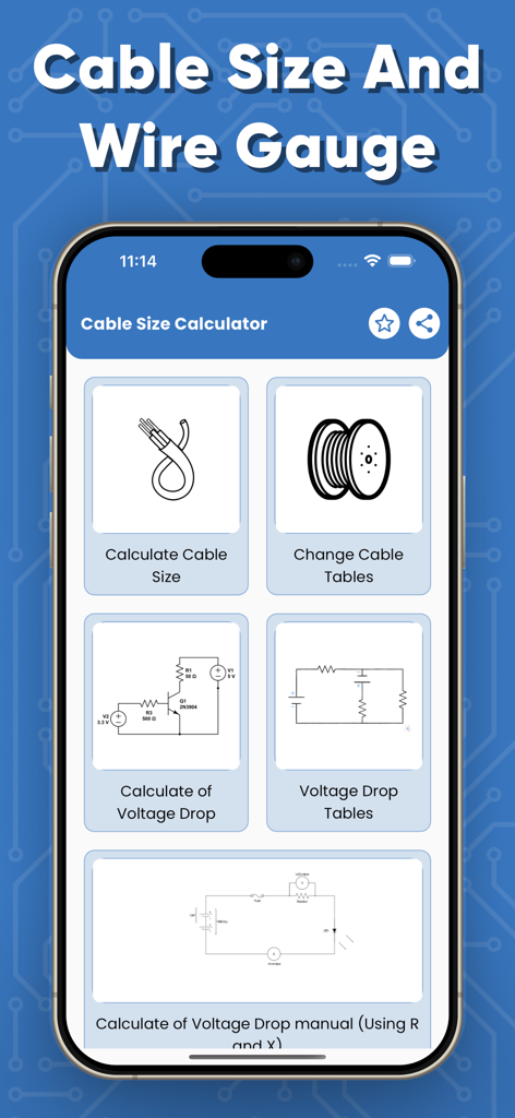 Main menu of Cable Size and Wire Gauge app displaying options for cable calculations and voltage drop tables.