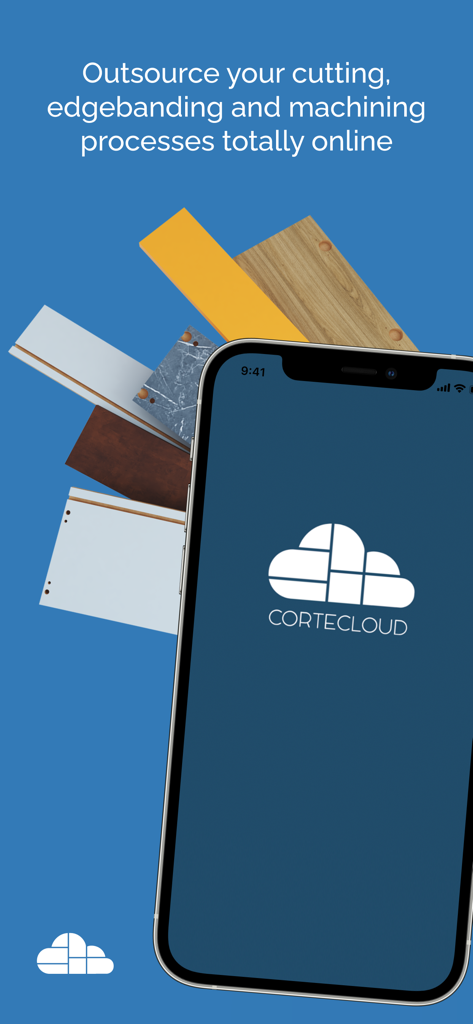 Smartphone mostrando el logo de la aplicación Cortecloud rodeado de muestras de paneles de madera para la producción de muebles a medida