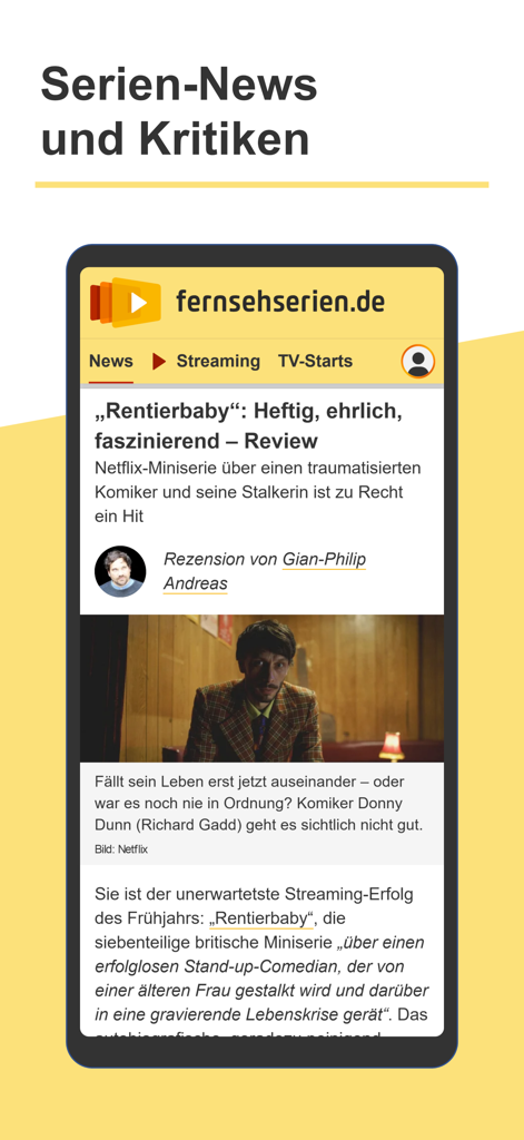 fernsehserien.de - Un smartphone montrant la section actualités et critiques de séries de l'application fernsehserien avec une critique mise en avant de Baby Reindeer.