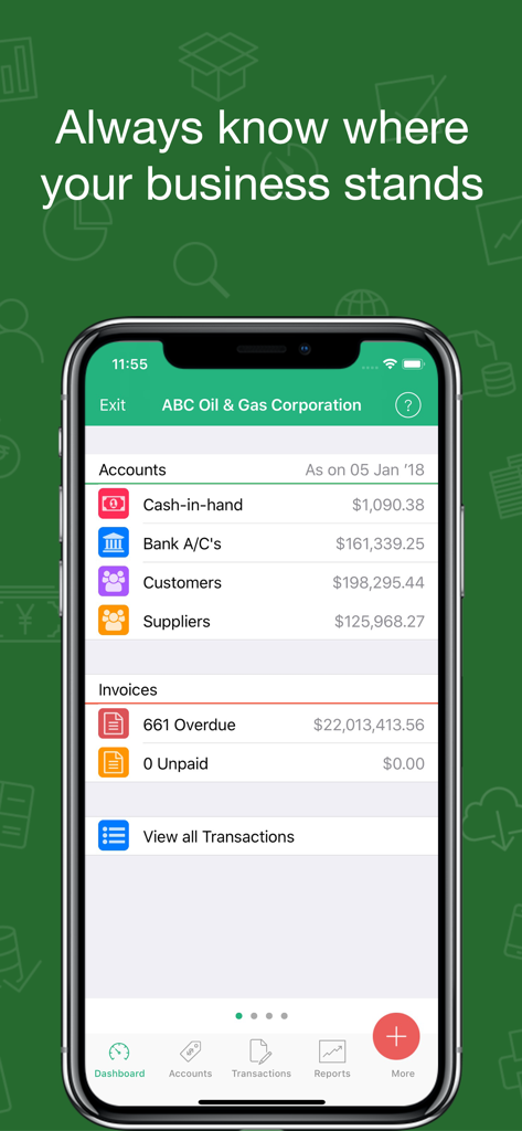 Book Keeper Accounting mobile app dashboard showing financial accounts and invoice summaries for a small business