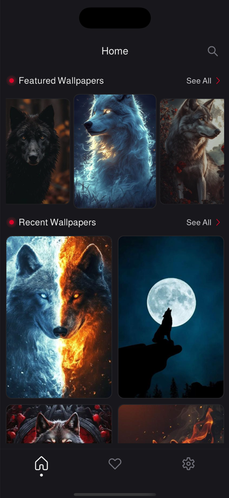 Lone Wolf Wallpapers 4K - Interface of the Lone Wolf Wallpapers 4K app showcasing a gallery of artistic wolf backgrounds including a fire and ice design and a wolf howling at the moon.