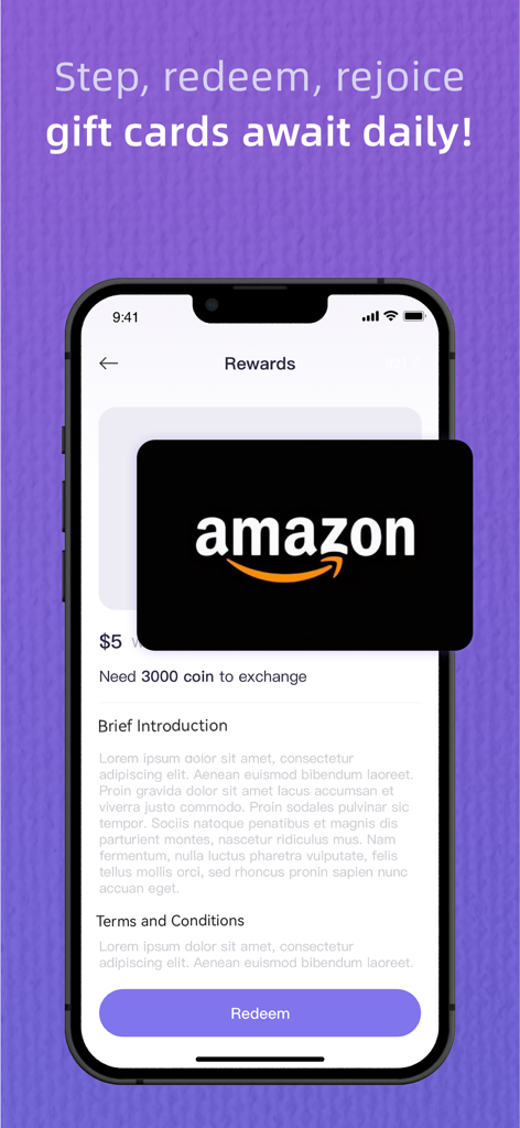 Interface do aplicativo WalkWork mostrando uma tela de resgate de vale-presente da Amazon por passos