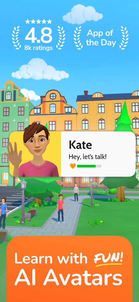 LingoLooper: AI Language Game - LingoLooperアプリのスクリーンショットは、カラフルな仮想都市公園にいるケイトというフレンドリーな3D AIアバターを特集しています。