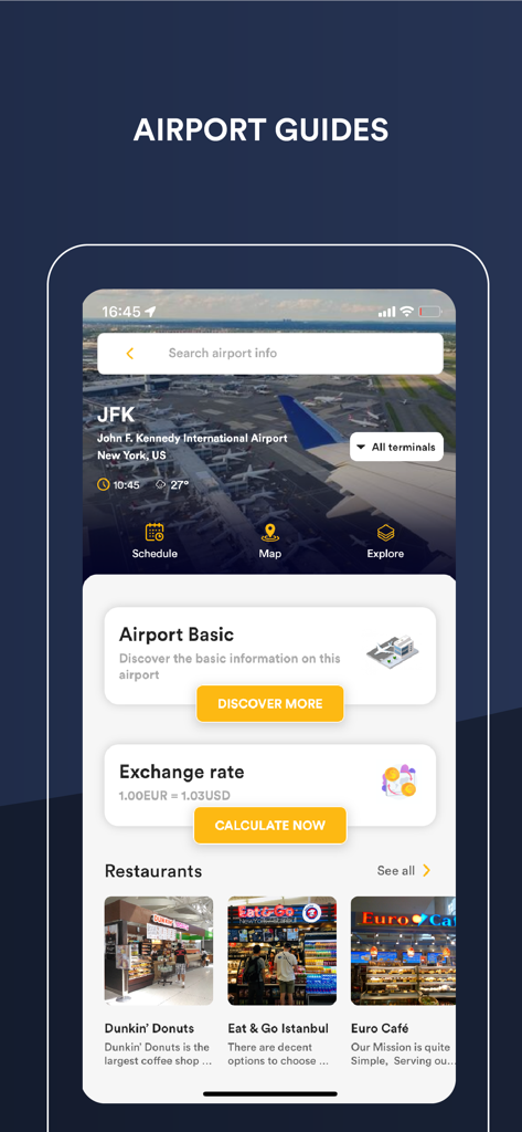 FLIO app interface displaying a JFK airport guide with restaurant listings and currency exchange tools