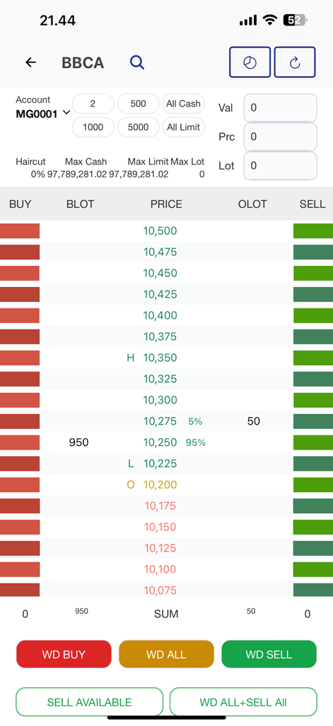 Semesta Online - Trading interface showing stock order book and buy sell buttons for BBCA ticker