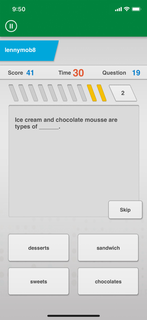 Johnny Grammar Word Challenge - Johnny Grammar Word Challenge mobile app screen showing a vocabulary quiz question with multiple choice options.
