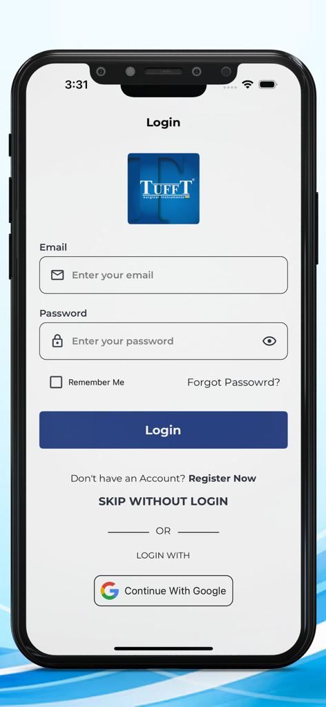 Tufft Surgical Instruments - Login screen of the Tufft Surgical Instruments app showing email and password fields and social login options.