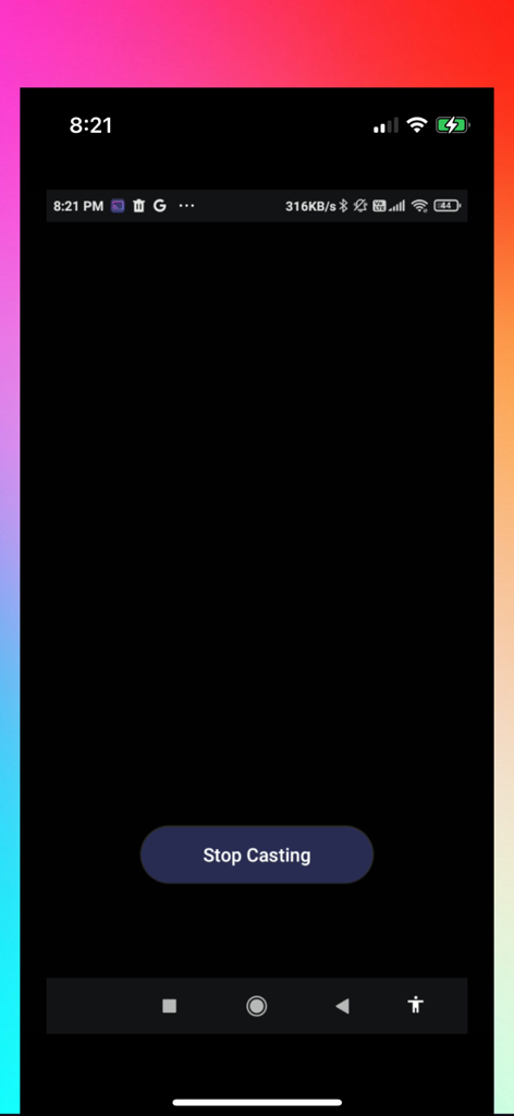 An active screen mirroring session in the Any Cast app showing a Stop Casting button.