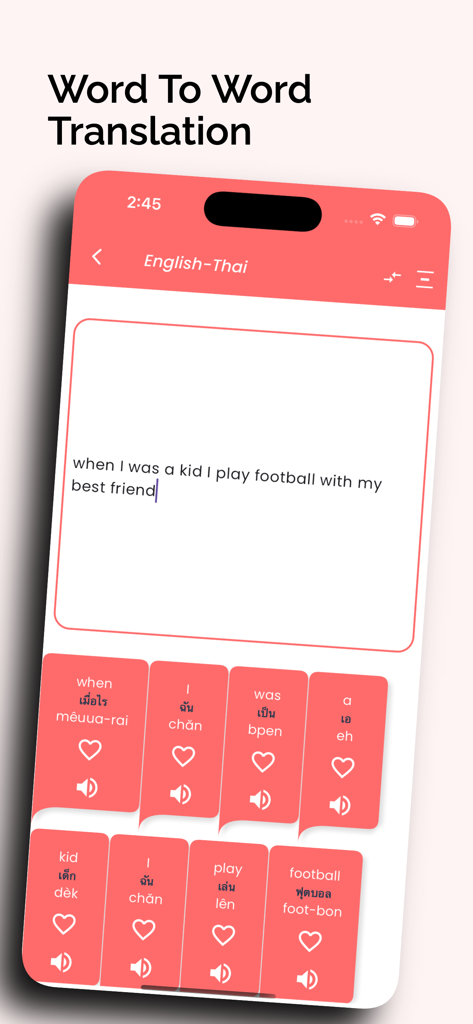 음성 발음 가이드와 함께하는 영어-태국어 단어별 번역을 보여주는 모바일 인터페이스입니다.
