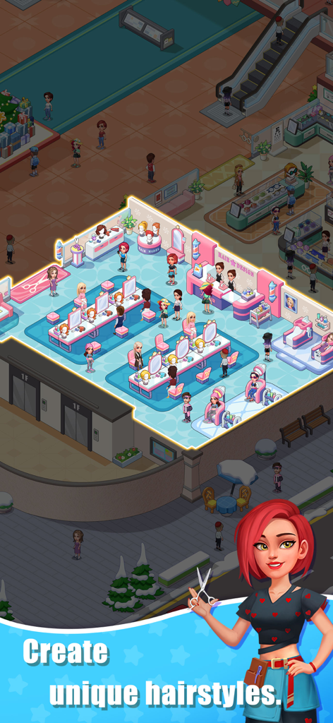 Idle Shopping Mall-Tycoon - Isometric gameplay view of a pink themed hair salon in Idle Shopping Mall Tycoon with customers and a female hairstylist character