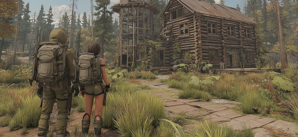 Dead God Land: Survival games - 숲이 우거진 배경에서 커다란 통나무집을 바라보고 있는 배낭을 멘 두 명의 생존자