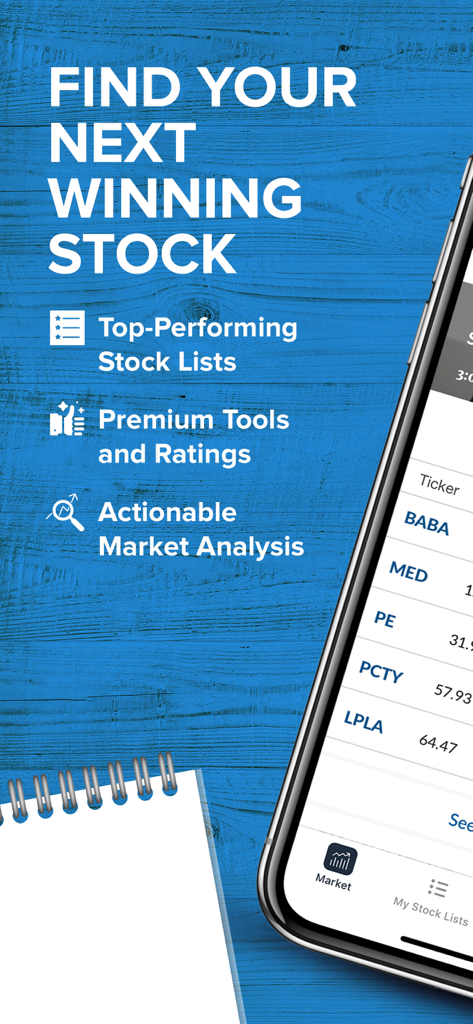 Application mobile Investor's Business Daily affichant des listes d'actions et des analyses de marché.