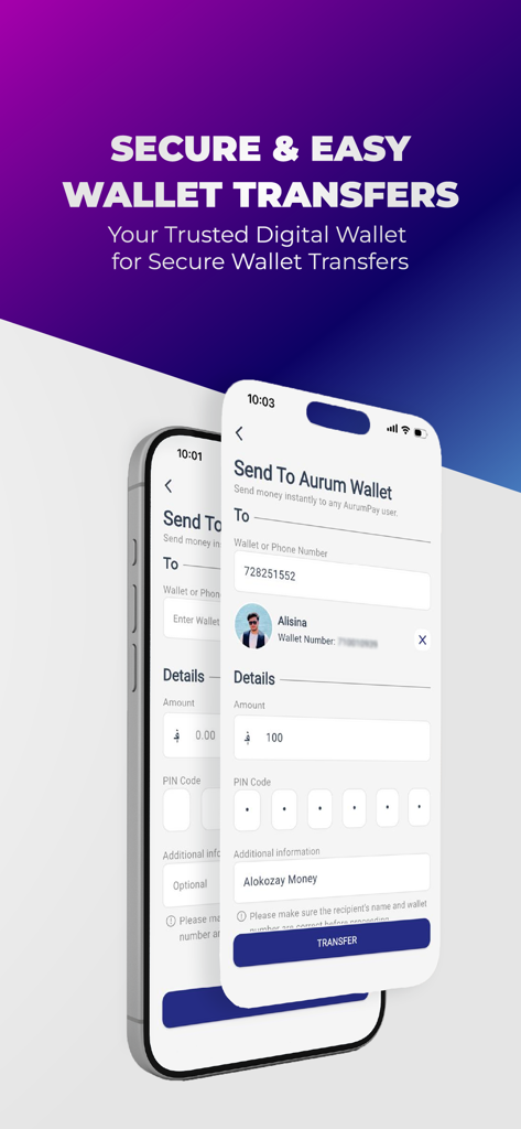 AurumPay - Interface do aplicativo móvel AurumPay mostrando telas de transferência segura e fácil de carteira digital