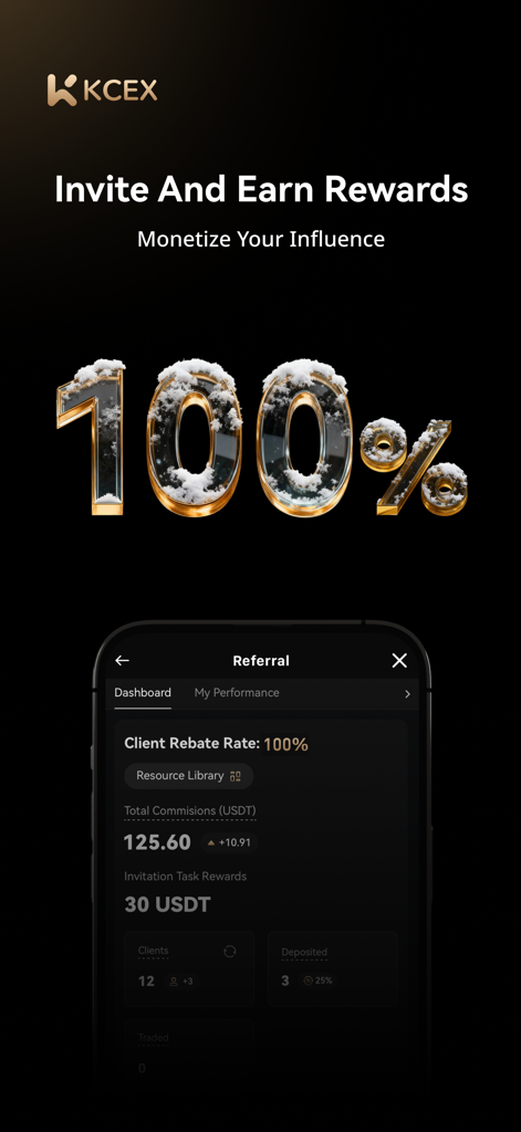 KCEX: The Lowest Crypto Fees - KCEX mobile app referral dashboard showing invite and earn rewards with a one hundred percent client rebate rate