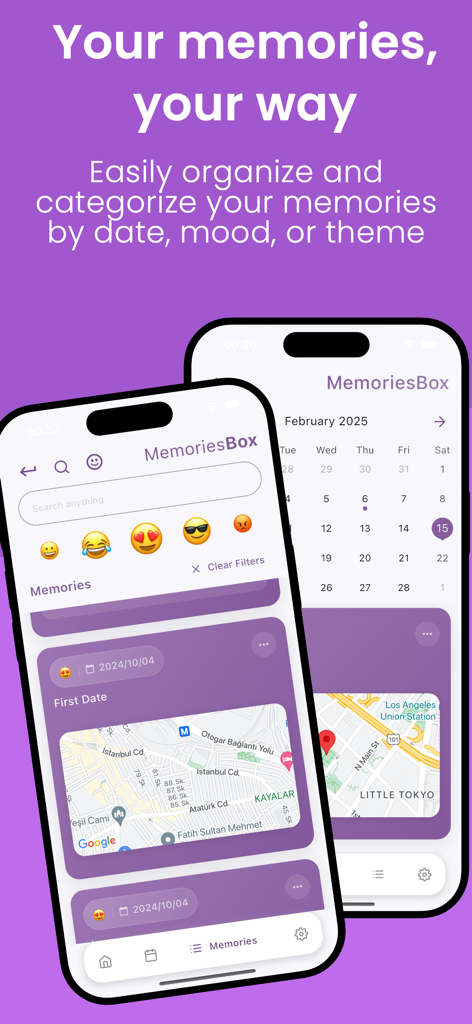 MemoriesBox - Couple Journal - Interface of MemoriesBox app showing journal entries with locations, dates, and a calendar view.
