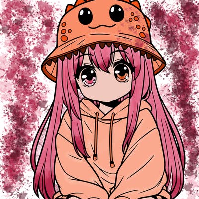 girl with anime shaped eyes with a dinosaur bucket hat oversized sweatshirt long straight hair