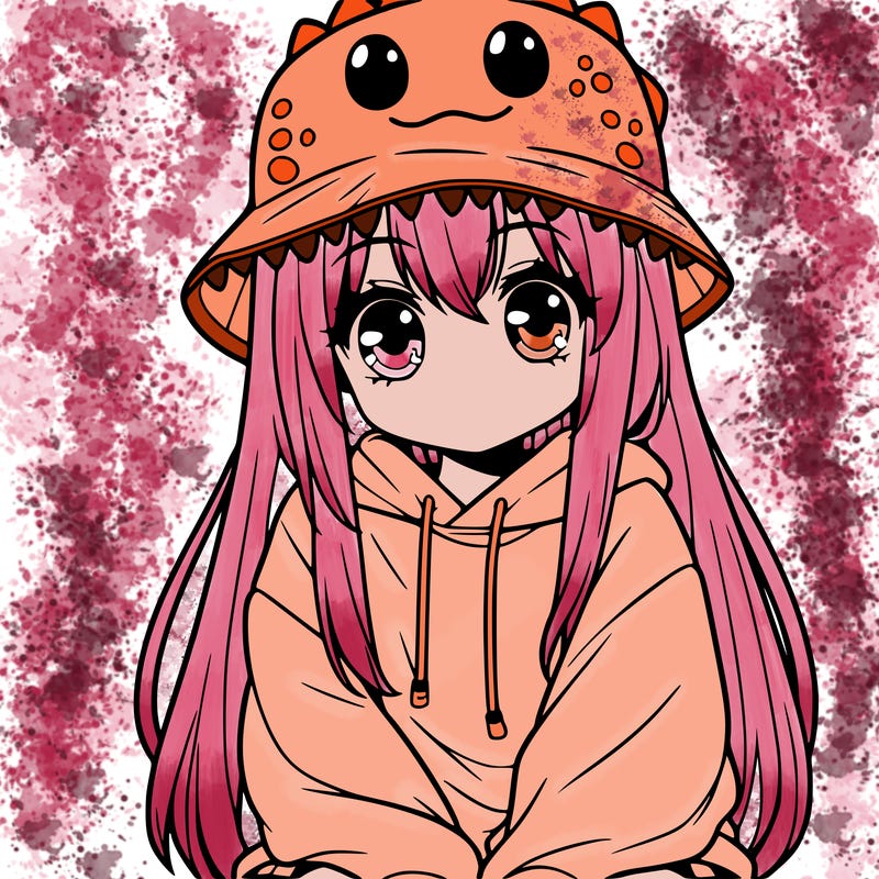 girl with anime shaped eyes with a dinosaur bucket hat oversized sweatshirt long straight hair