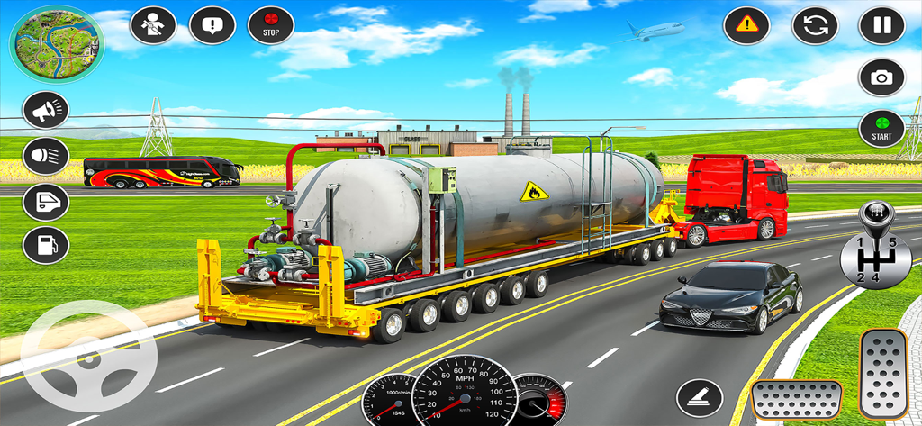 Oil Tanker Euro Truck 3D Games - A red truck transporting an oil tanker on a highway in a 3D driving simulator game