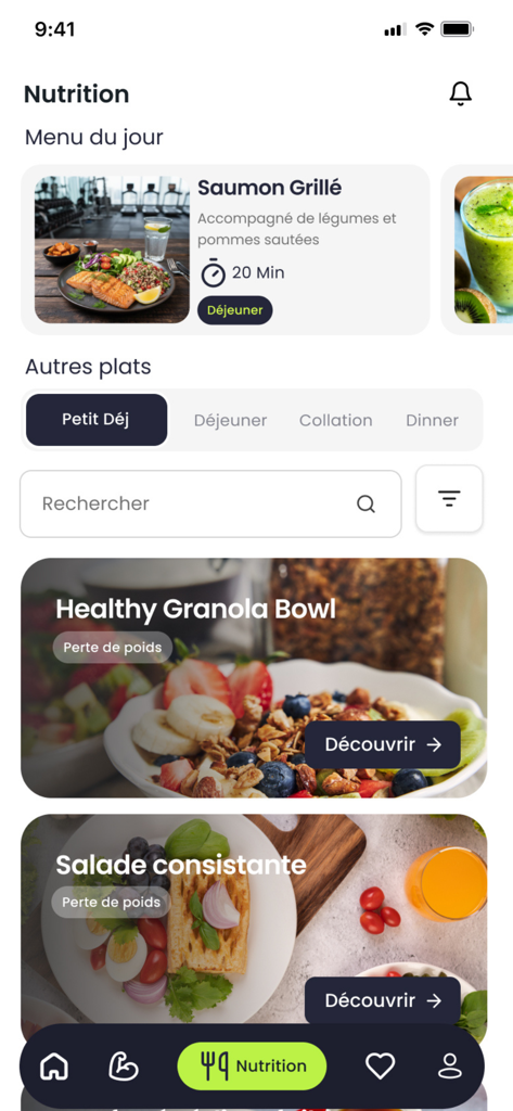 SamaCoach - Écran de nutrition de l'application SamaCoach montrant des plans de repas quotidiens et des recettes saines pour la perte de poids.