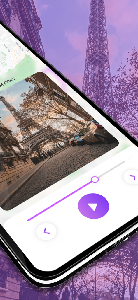 Vidi Guides: Self Guided Walks - Vidi Guides app interface showing a podcast style audio tour of the Eiffel Tower in Paris