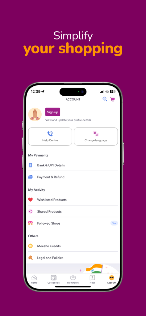 The account dashboard of the Meesho mobile shopping app showing user profile and payment settings