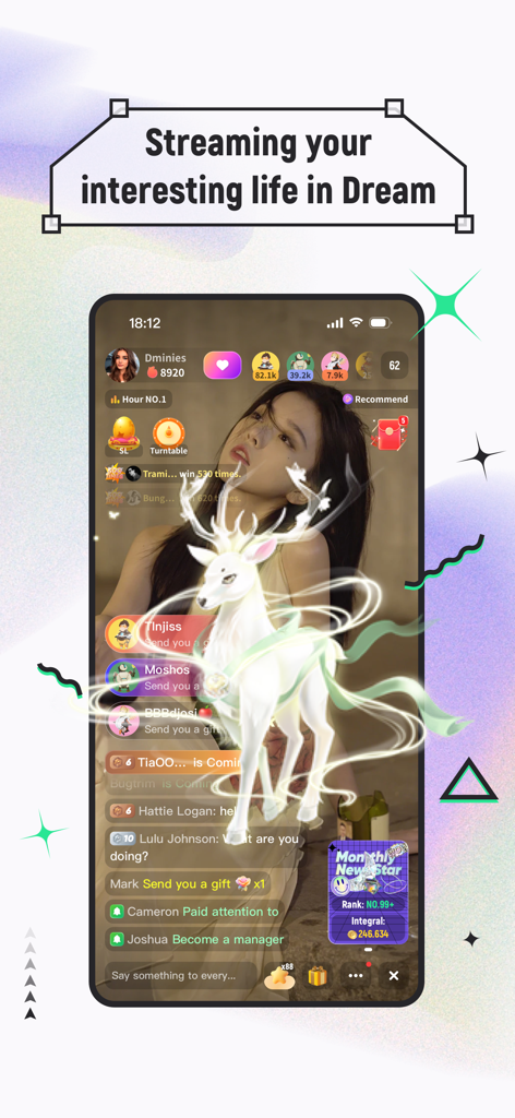 DreamLike-Video-Chat - A live broadcast screen on the DreamLike app featuring a host with a glowing deer animation and viewer chat interactions