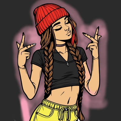 realistic teenage girl with braids and a beanie and crop top doing 🫶🏼