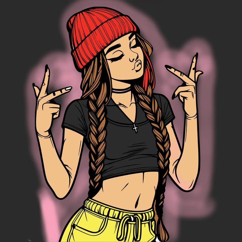 realistic teenage girl with braids and a beanie and crop top doing 🫶🏼