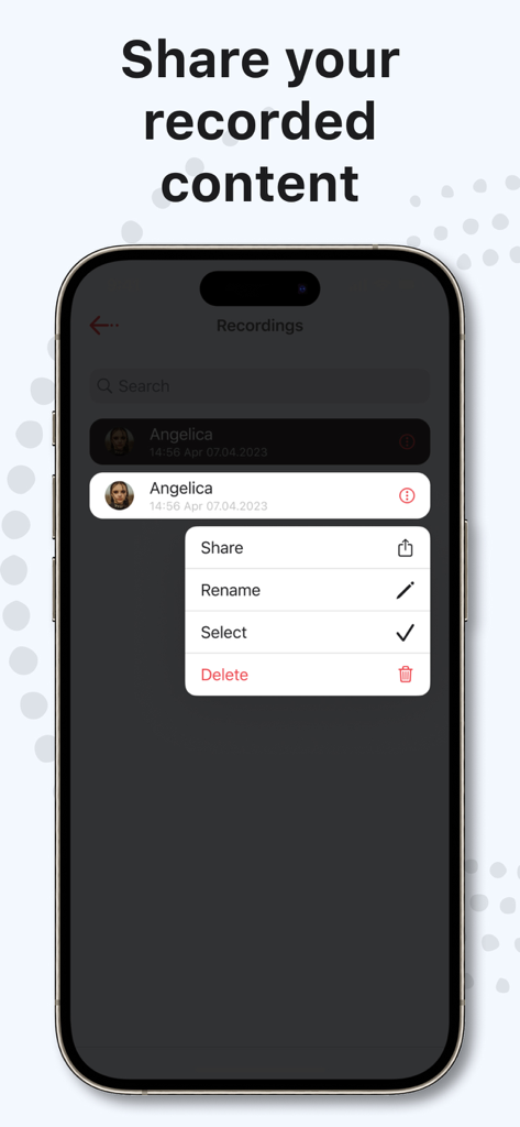 Phone Call Recorder, Recording - An iPhone screen showing a menu to share, rename, or delete a recorded phone call within the app.
