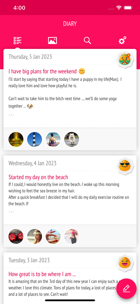 Diary - Journal with password - Aesthetic list of daily diary entries with text, photos, and mood emojis in a pink journal app.